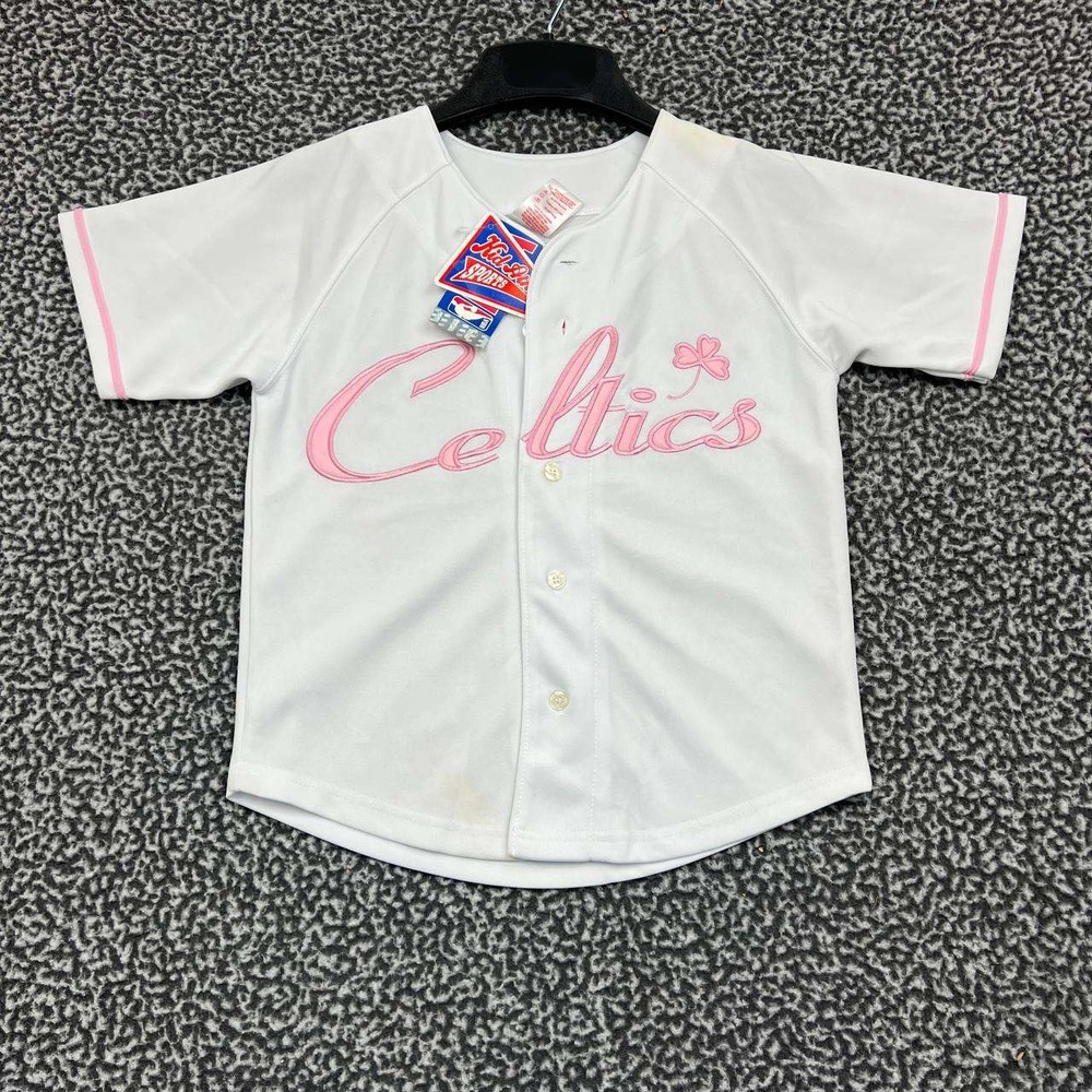 Boston Celtics Jersey Shirt Kids 7 White Pink NBA Button Up Short Sleeve New